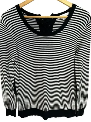 DownEast Women’s Black White Striped Lace Back Elbow Patch Nautical Sweater Med‎ thumbnail 1