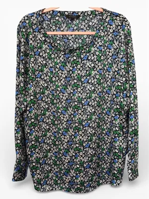 Banana Republic Petite Floral Soft Satin Perfect Tunic Top Blue Green Large‎ L thumbnail 1
