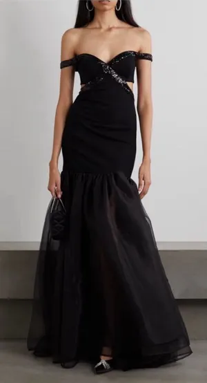 Staud Emmaline Off-the-Shoulder Cut-Out Tulle Dress in Black NWT‎ Size Medium thumbnail 1