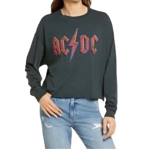 Free People Daydreamer Size S AC/DC Long Sleeve Graphic Tee Charcoal Black‎ Boxy thumbnail 7