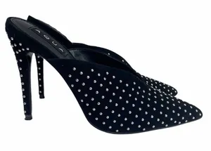 AQUA Studded Suede Mule Heels Black Pointed Toe Stiletto Pumps Womens Size 7 7M‎ thumbnail 1