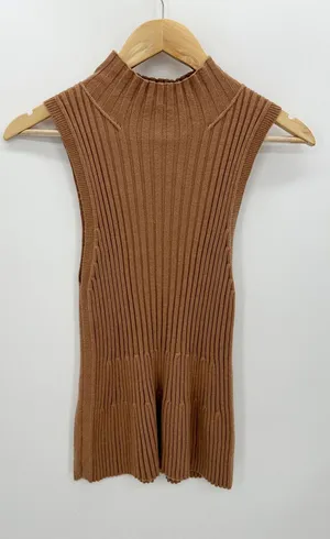 Moth Anthropologie Women Medium‎ Tan Brown Ribbed High Neck Sleeveless Sweater thumbnail 1