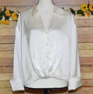 Sanctuary Ivory Button Front Collared Silky Blouse Top Size L V-Neck Career thumbnail 1