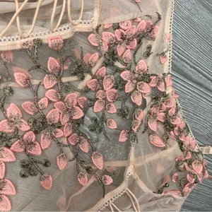 Women’s sheer panel floral embroidered appliqué pink lingerie sleepwear large thumbnail 10