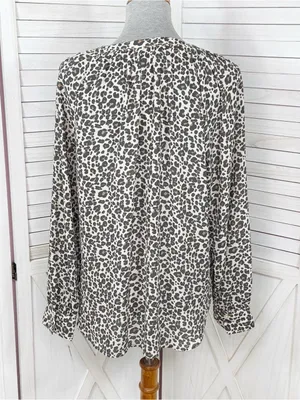 Loft Leopard Print Gathered Neck Button Up Blouse Cream Tan Large Long Sleeve thumbnail 4