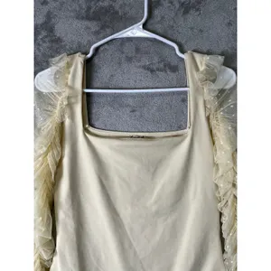 Free People Must Be Love Bodysuit Cream Ruched Mesh Sleeve‎ Romantic Medium New thumbnail 3