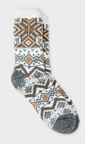 NWT Auden Snowflake Geo Double Lined Cozy Crew Sock In Ivory/Toffee/Heather Gray thumbnail 1