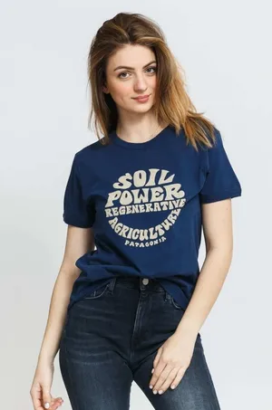 Patagonia Navy Road To‎ Regenerative Ringer Tee Womens XS Regular Fit Organic thumbnail 1