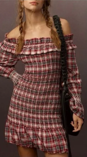 Anthropologie Pilcro Smocked Plaid Off-Shoulder Ruffle Mini Dress M Red White thumbnail 1
