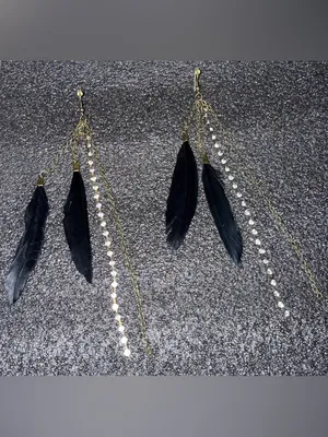 Gold Chain & Black Feather Drop Earrings with Rhinestones thumbnail 3