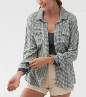 Hollister Boyfriend Fit Houndstooth ButtonUp Flannel Shirt Womens Small Gray/Tan thumbnail 1