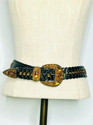 Western Rhinestone Whipstitch Belt with Orange Stones and Black Faux Leather thumbnail 13