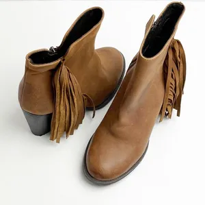 STEVE MADDEN Woodstock Distressed Leather Upper Fringe Booties Size 6.5 Boho thumbnail 1