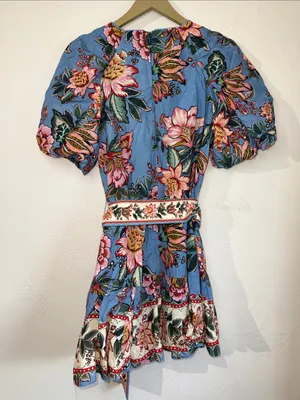 FARM Rio Blue Floral Puff Sleeve Belted Mini Dress Size S thumbnail 5