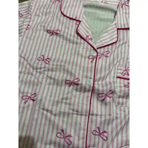 NIB- Pink Stripe Bow Print Pajama Set Short Sleeve Button Up Shorts- Large thumbnail 5
