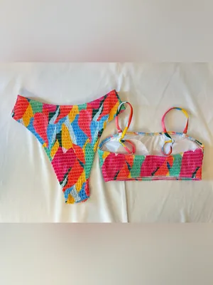 Colorburst Smocked Bandeau Bikini Set - Pink Multicolor thumbnail 2