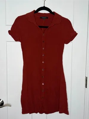 Olivaceous Short Sleeve Collared Button Down Dress - Rust thumbnail 1