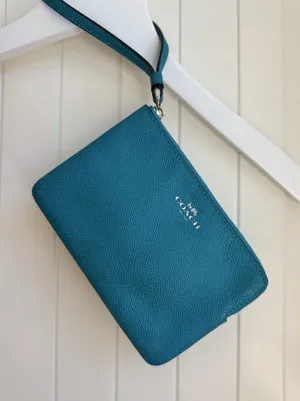 Coach F58032 Corner Zip Wristlet Turquoise Blue Green Crossgrain Leather w Slots thumbnail 1