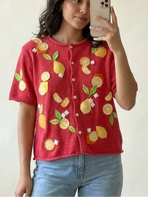 Susan Bristol Vintage Lemon Knit Cardigan Sweater Size Large XL Vtg thumbnail 1