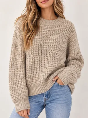 Zara Beige Waffle Knit Crewneck Sweater Oversized Chunky Long Sleeve Pullover thumbnail 1