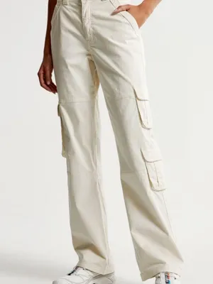 Abercrombie Women's Cream Relaxed Cargo Pants thumbnail 2
