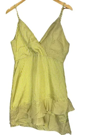 Wild Honey Women's L Ruffled Gingham‎ Plaid Mini Dress Yellow Preppy Coquette thumbnail 1