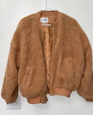 Women’s S/M Teddy Sherpa Bomber Jacket Camel Brown Quilted Lined thumbnail 1