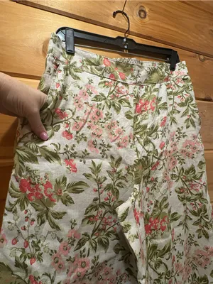 Laura Ashley 100% Linen Wide-Leg Berry & Floral Pants with Pink & Green Print Lg thumbnail 2