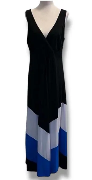 Studio One Colorblock Maxi Dress XL Black Blue White Sleeveless V Neck thumbnail 2