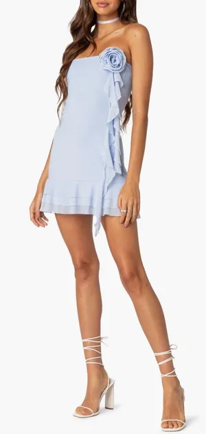 Edikted Thalia Strapless Minidress with Removable Rosette Ruffle Blue Size Small thumbnail 1