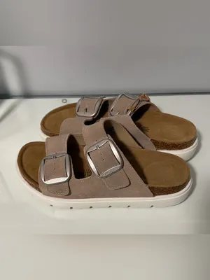 Double-Buckle Slide Sandals in Taupe with Cushioned Footbed thumbnail 8
