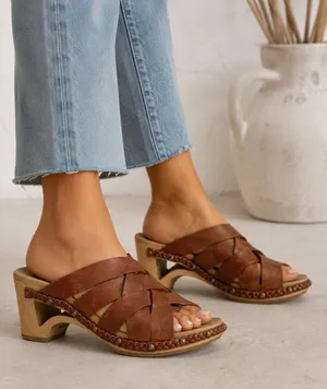 Dansko Brown Leather Strappy Slip On Mule Sandals Womens 6.5 Wood Platform thumbnail 1