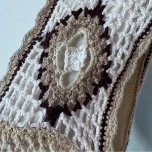 Crochet Button Up Sweater Vest‎ Cream Tan Brown Bohemian Festival Large thumbnail 4