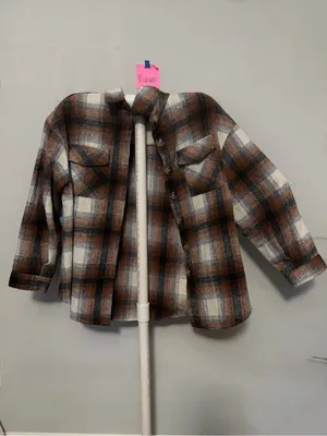 Women's Plaid Utility Shacket Jacket in Brown & White Size M thumbnail 4