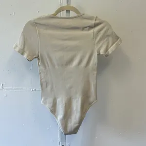 OQQ Ribbed Bodysuit Beige Square Neck Short Sleeve Stretch Small Minimalist thumbnail 2