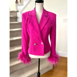 NWT NBD Elisha "Fuchsia" Hot Pink Feather Trim Rhinestone Button Blazer Glam thumbnail 2