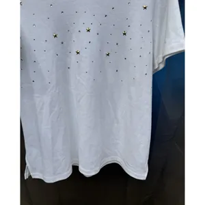 Women's V-Neck Quacker Factory SZ L White Embellished Star Rhinestones Gold Silv thumbnail 5