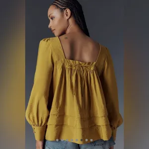 Anthropologie Maeve Boho Smocked Sleeve Square Neck Blouse Gold/Mustard thumbnail 2