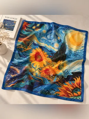 Van Gogh Inspired Starry Night Sunflower Scarf Blue Yellow Art Print Shawl thumbnail 2