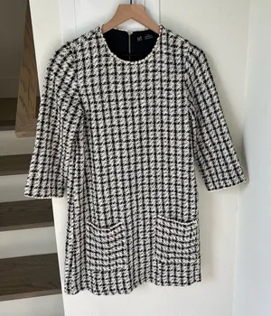 Zara Tweed Mini Shift Short Sleeve Mini Dress in Black and White Womens Medium thumbnail 1