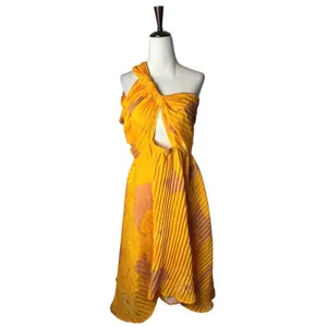 Isi Brown Dress women Medium Yellow Pleated One Shoulder Cutout Asymmetric‎ Midi thumbnail 2