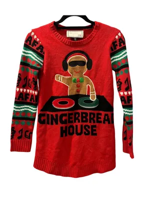 Derek Heart DJ Gingerbread House Music Ugly Christmas Sweater Red Small Womens thumbnail 1