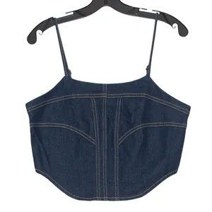 NWT Sincerely Jules Crop Top Denim Minimalist Retro Boho Cowgirl Blue Size Large thumbnail 1
