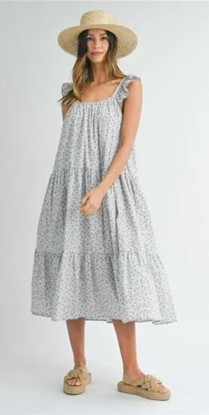 MABLE Floral Ruffle Shoulder Tiered Midi‎ Dress thumbnail 1