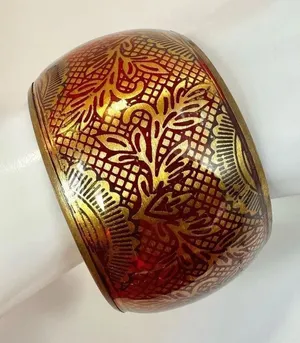 Red and gold tone wide brass bangle bracelet thumbnail 1