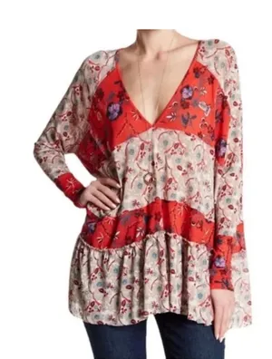 Free People Red and Cream Floral Patchwork V-Neck Tunic thumbnail 1