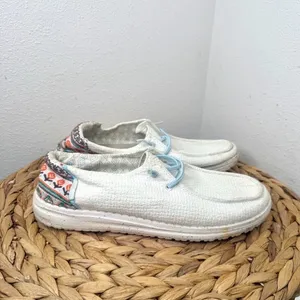 Hey Dude Shoes SlipOn Light Blue Laces Textured Aztec Pattern Size 7 white thumbnail 2