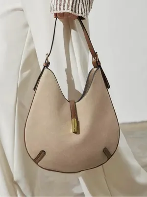 NEW faux leather round Light Taupe cream Crescent Shoulder Bag with Gold Accent thumbnail 8