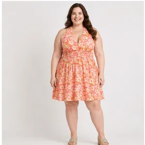 Madden NYC Womens Plus 3X Tropical Floral Halter Mini Smocked Dress Pink Orange thumbnail 2