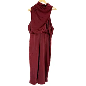 Sweetkama Burgundy Mock High Neck Draped Satin Cocktail Midi Dress Size XL thumbnail 2